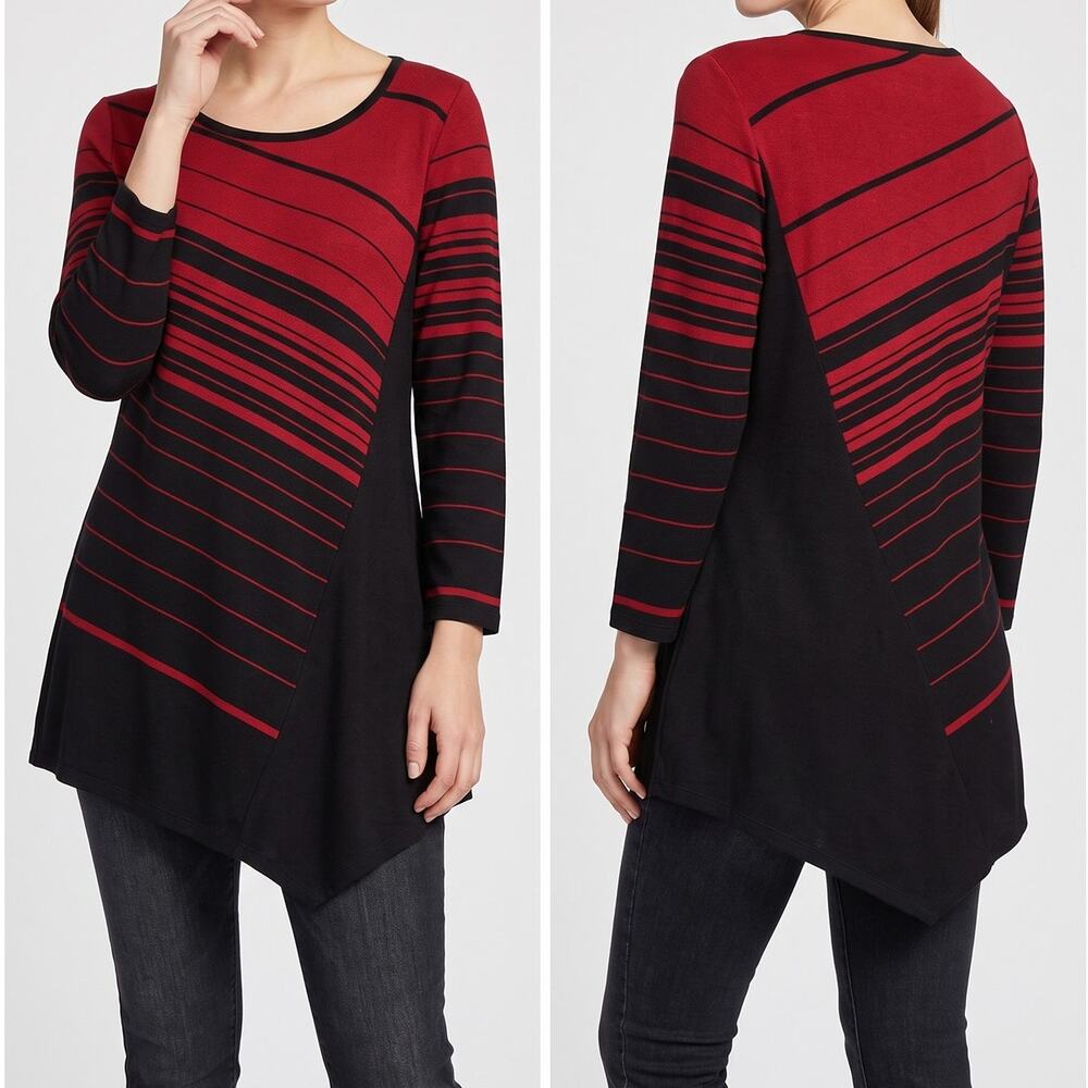 Dressbarn est 1962 DressBarn XL Black Red Stripe 3/4 Sleeve Sweater Asymetrical